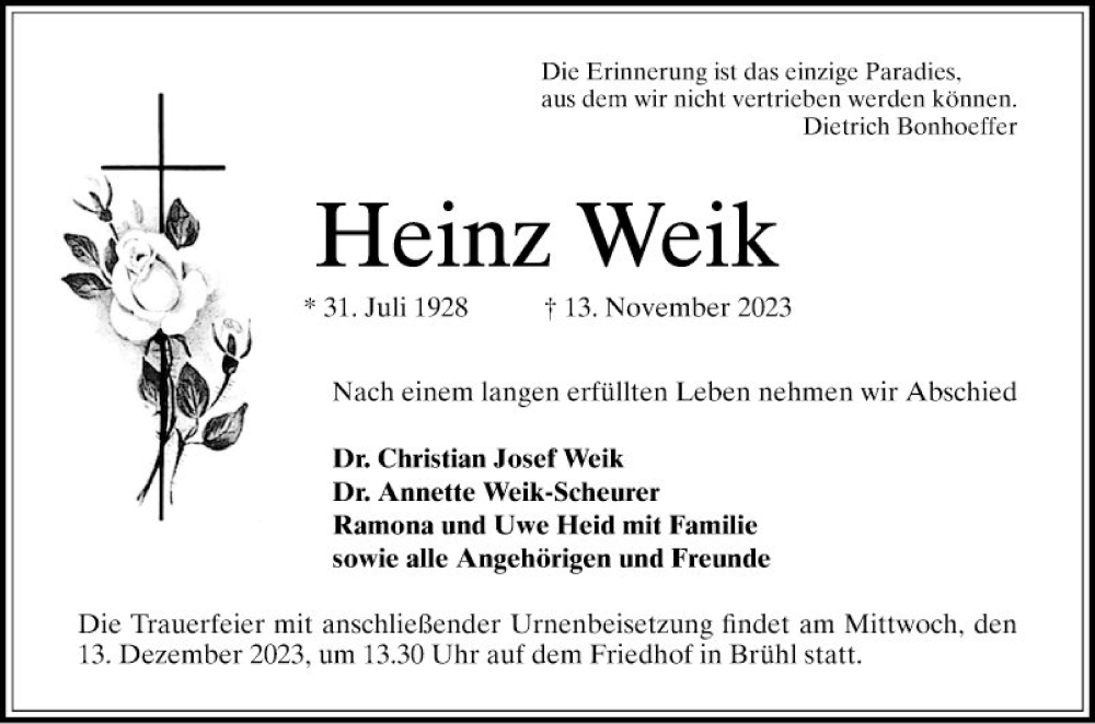  Traueranzeige für Heinz Weik vom 02.12.2023 aus Schwetzinger Zeitung