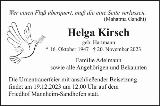 Traueranzeige von Helga Kirsch von Mannheimer Morgen