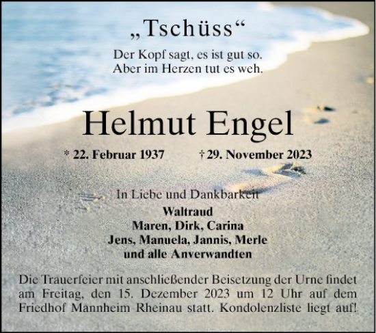Traueranzeige von Helmut Engel von Mannheimer Morgen