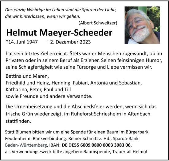 Traueranzeige von Helmut Maeyer-Scheeder von Mannheimer Morgen