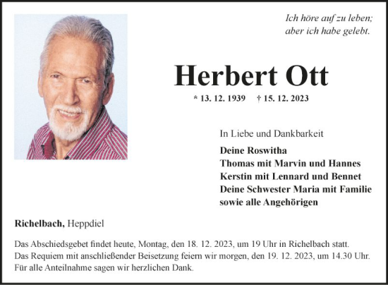 Traueranzeige von Herbert Ott von Fränkische Nachrichten