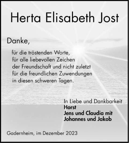 Traueranzeige von Herta Elisabeth Jost von Bergsträßer Anzeiger