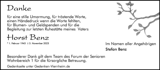 Traueranzeige von Horst Benz von Mannheimer Morgen