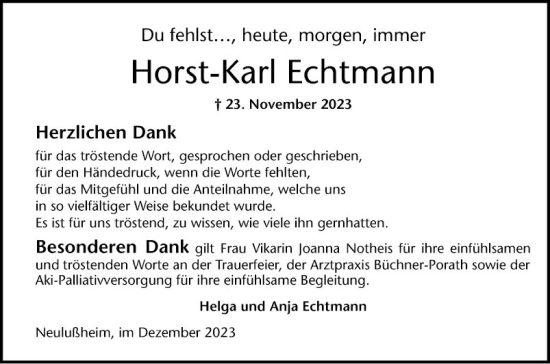 Traueranzeige von Horst-Karl Echtmann von Schwetzinger Zeitung