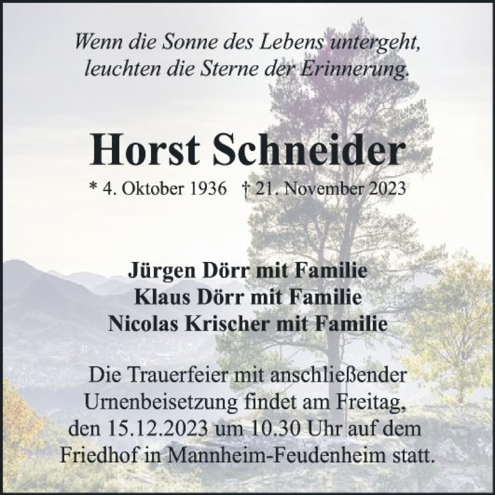  Traueranzeige für Horst Schneider vom 02.12.2023 aus Mannheimer Morgen