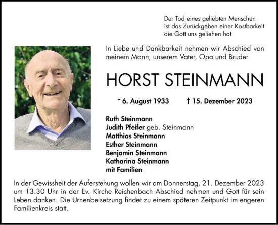 Traueranzeige von Horst Steinmann von Bergsträßer Anzeiger