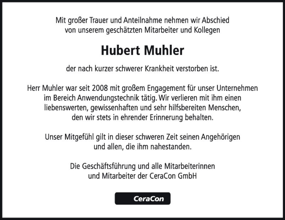  Traueranzeige für Hubert Muhler vom 20.12.2023 aus Fränkische Nachrichten
