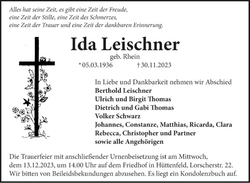  Traueranzeige für Ida Leischner vom 11.12.2023 aus Mannheimer Morgen