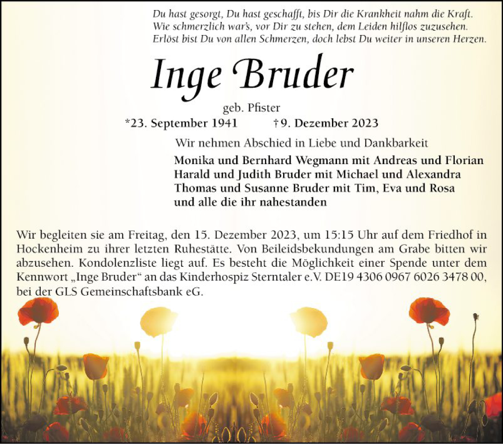  Traueranzeige für Inge Bruder vom 13.12.2023 aus Schwetzinger Zeitung