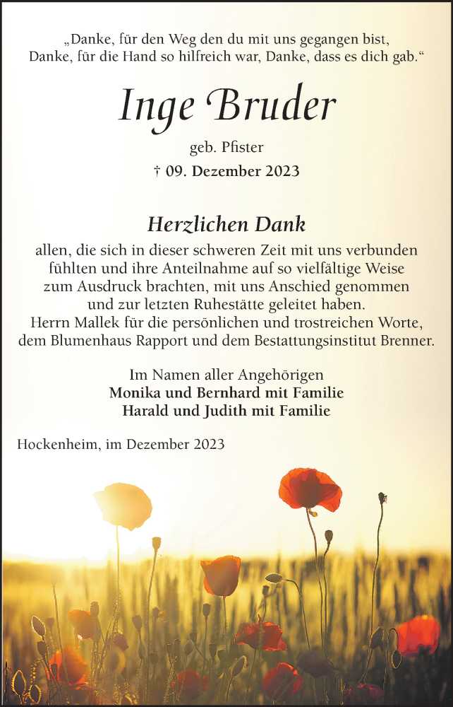  Traueranzeige für Inge Bruder vom 23.12.2023 aus Schwetzinger Zeitung