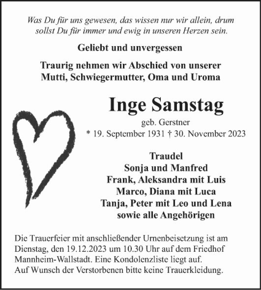 Traueranzeige für Inge Samstag vom 09.12.2023 aus Mannheimer Morgen