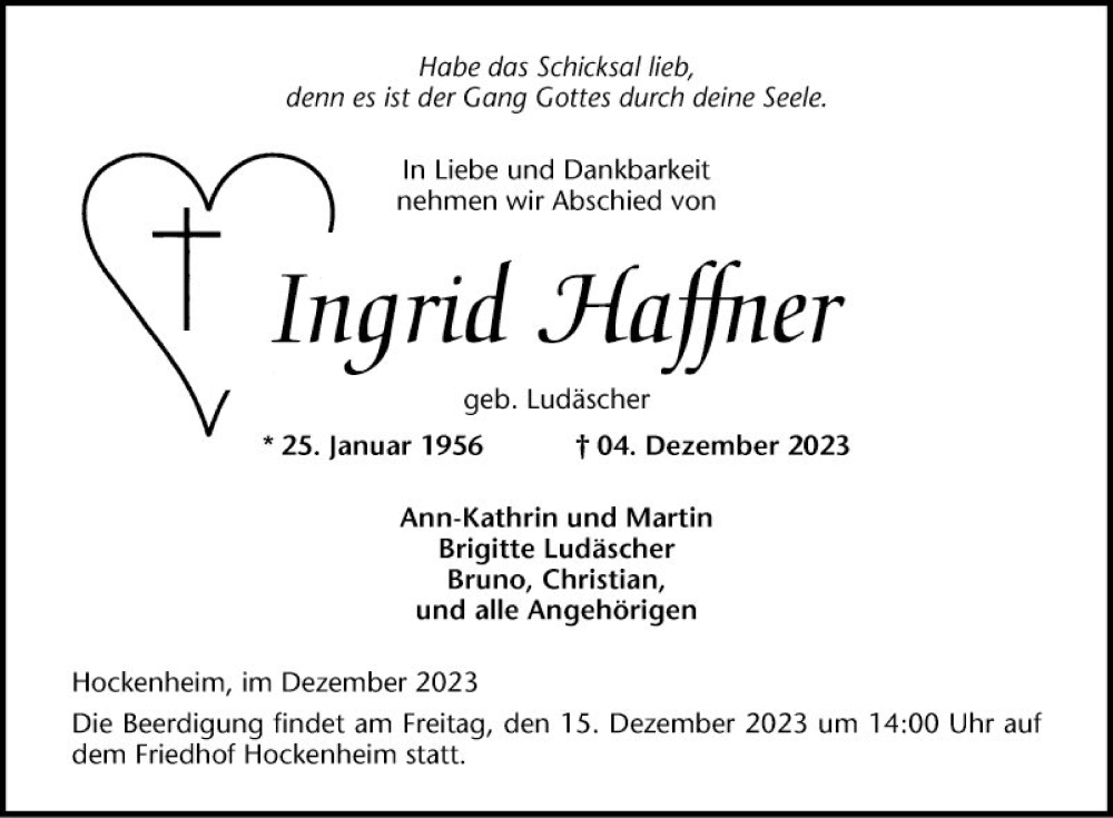  Traueranzeige für Ingrid Haffner vom 09.12.2023 aus Schwetzinger Zeitung