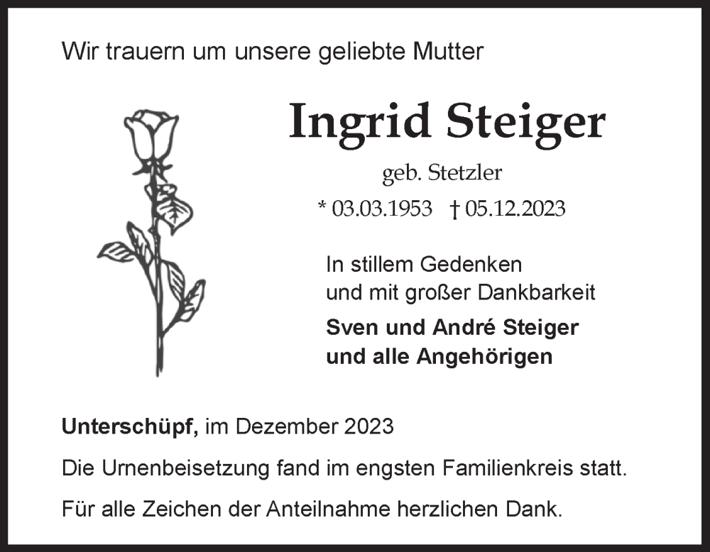  Traueranzeige für Ingrid Steiger vom 23.12.2023 aus Fränkische Nachrichten