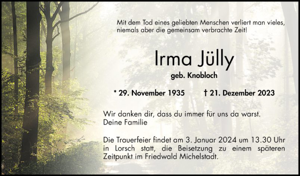  Traueranzeige für Irma Jülly vom 30.12.2023 aus Bergsträßer Anzeiger