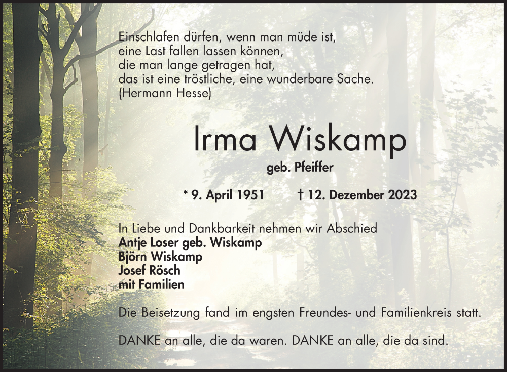  Traueranzeige für Irma Wiskamp vom 23.12.2023 aus Bergsträßer Anzeiger