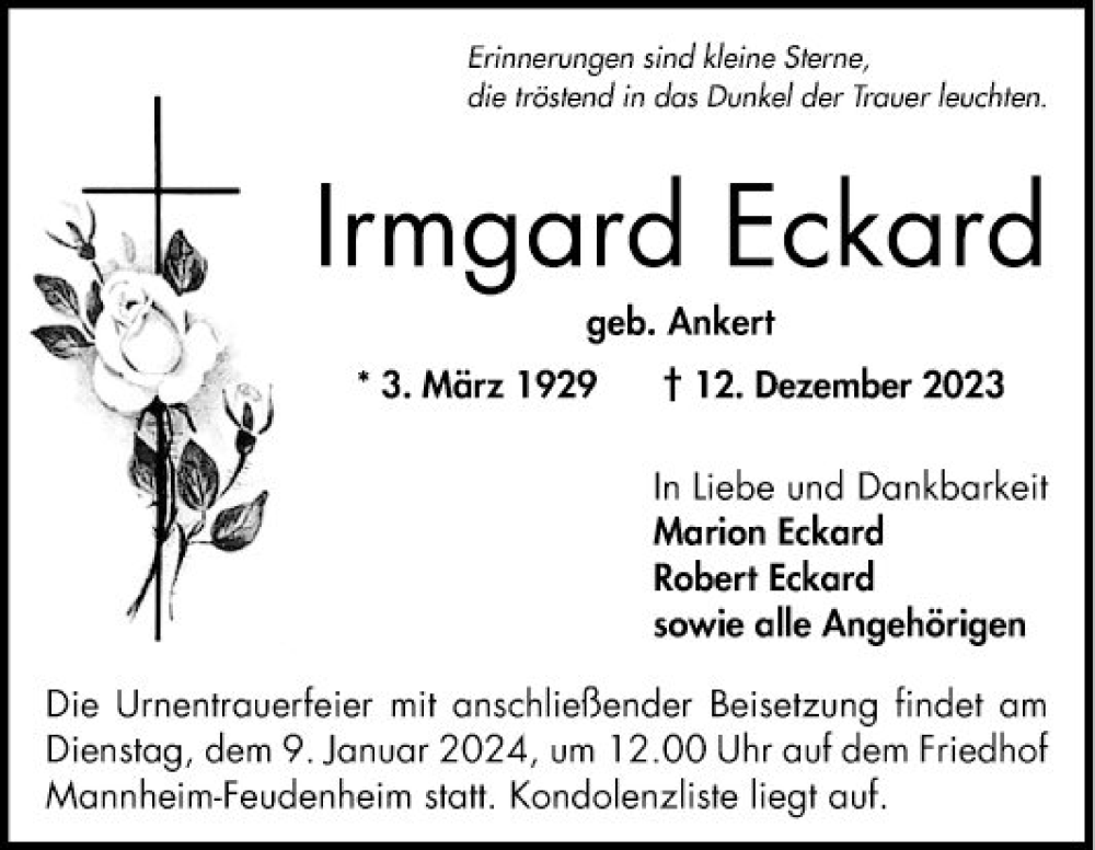  Traueranzeige für Irmgard Eckard vom 30.12.2023 aus Mannheimer Morgen