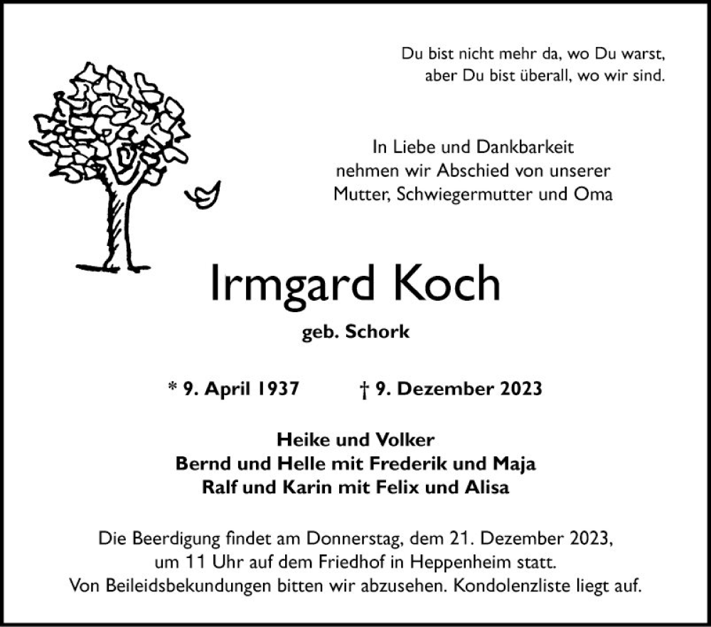  Traueranzeige für Irmgard Koch vom 16.12.2023 aus Bergsträßer Anzeiger