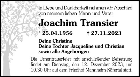 Traueranzeige von Joachim Transier von Mannheimer Morgen