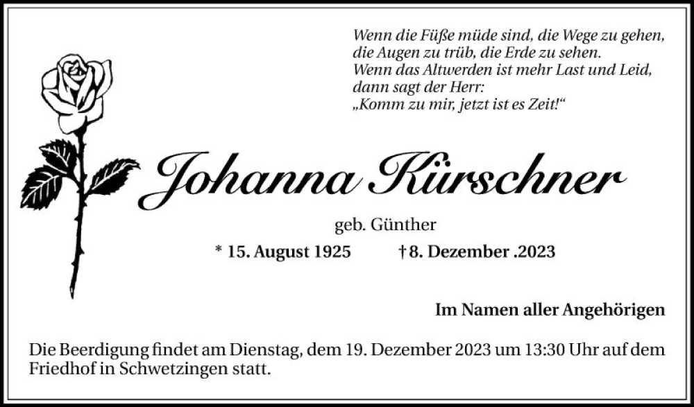  Traueranzeige für Johanna Kürschner vom 16.12.2023 aus Schwetzinger Zeitung