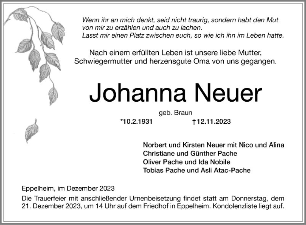  Traueranzeige für Johanna Neuer vom 16.12.2023 aus Schwetzinger Zeitung