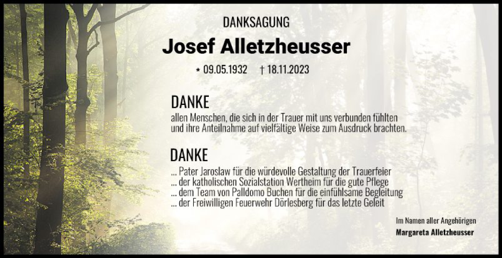  Traueranzeige für Josef Alletzheusser vom 09.12.2023 aus Fränkische Nachrichten