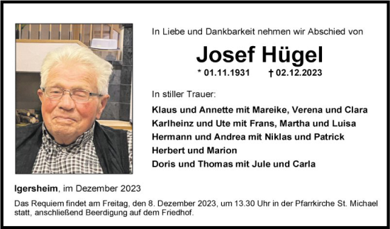 Traueranzeige von Josef Hügel von Fränkische Nachrichten