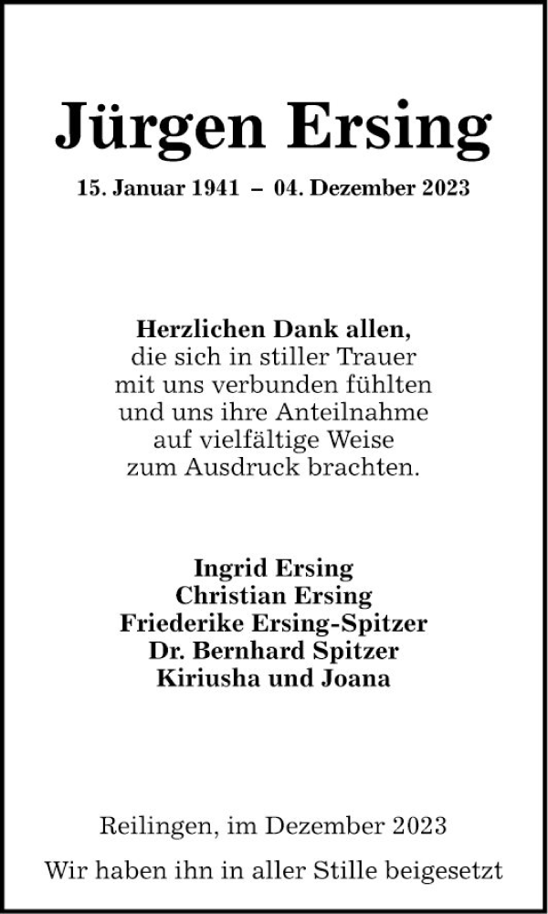  Traueranzeige für Jürgen Ersing vom 28.12.2023 aus Schwetzinger Zeitung