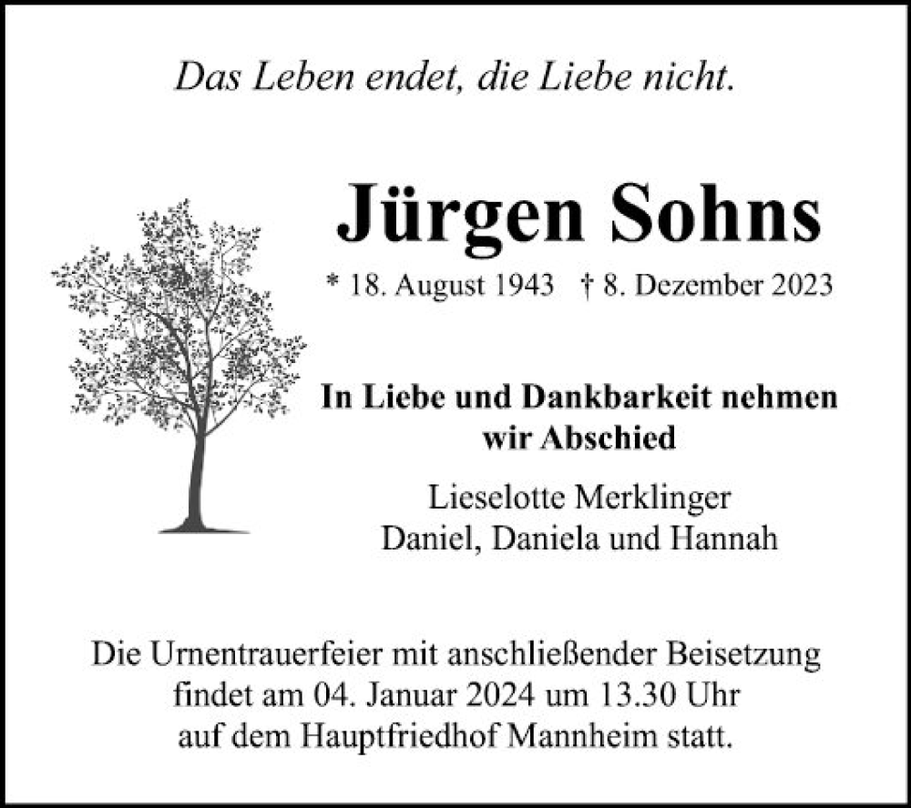  Traueranzeige für Jürgen Sohns vom 30.12.2023 aus Mannheimer Morgen