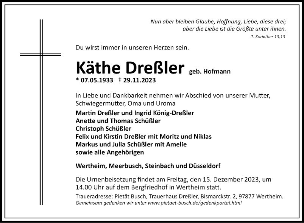  Traueranzeige für Käthe Dreßler vom 09.12.2023 aus Fränkische Nachrichten