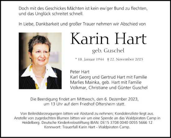 Traueranzeige von Karin Hart von Mannheimer Morgen
