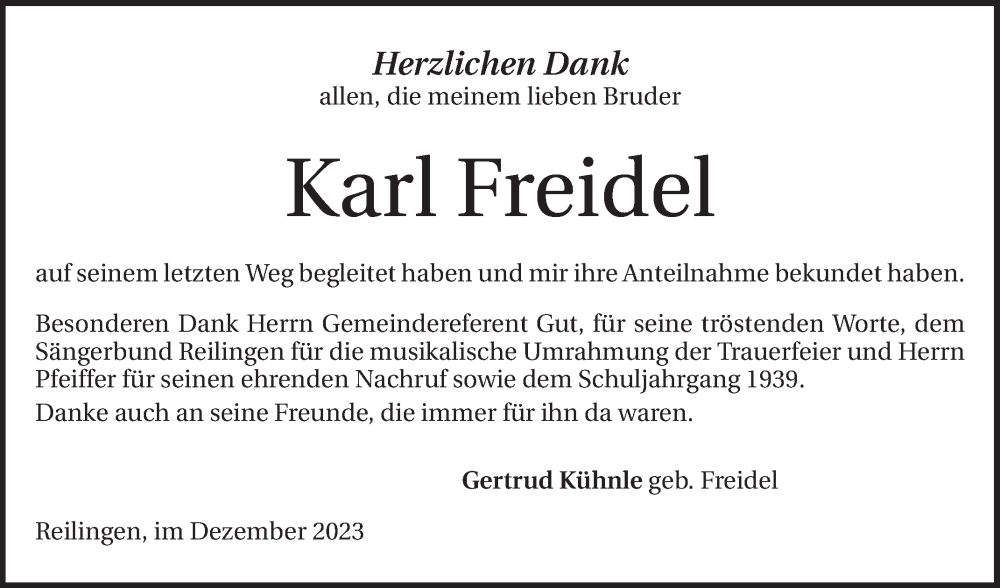  Traueranzeige für Karl Freidel vom 23.12.2023 aus Schwetzinger Zeitung