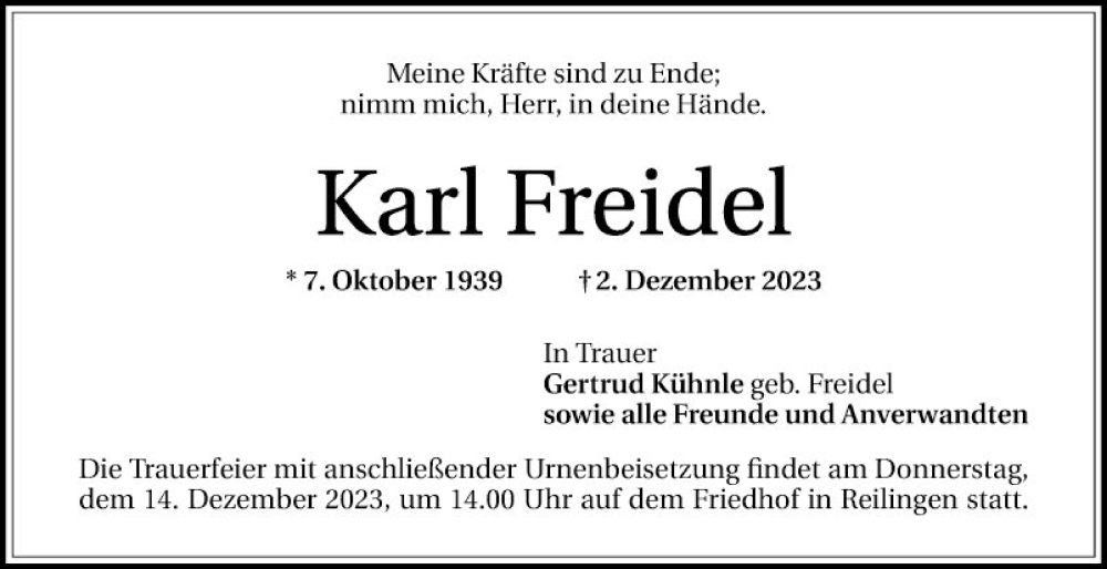  Traueranzeige für Karl Freidel vom 09.12.2023 aus Schwetzinger Zeitung