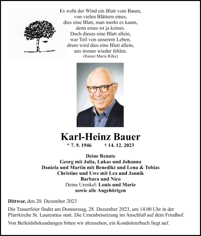  Traueranzeige für Karl-Heinz Bauer vom 20.12.2023 aus Fränkische Nachrichten
