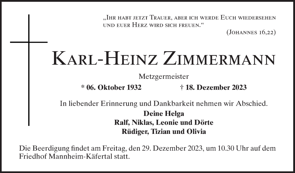  Traueranzeige für Karl-Heinz Zimmermann vom 23.12.2023 aus Mannheimer Morgen