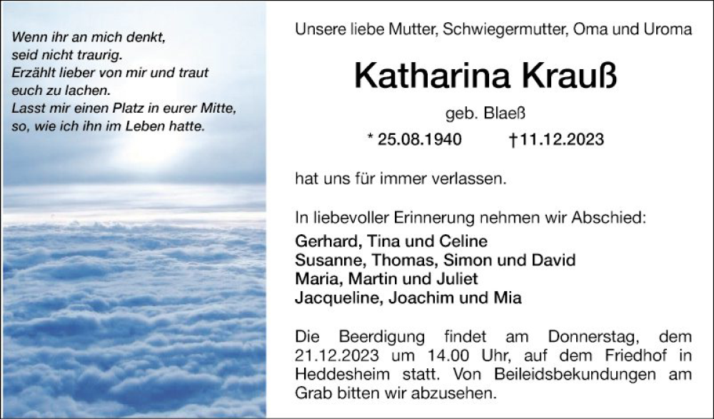  Traueranzeige für Katharina Krauß vom 16.12.2023 aus Mannheimer Morgen