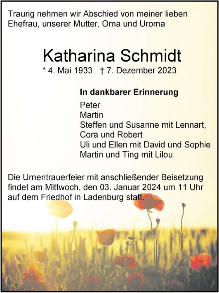  Traueranzeige für Katharina Schmidt vom 16.12.2023 aus Mannheimer Morgen