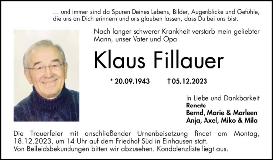 Traueranzeige von Klaus Fillauer von Bergsträßer Anzeiger