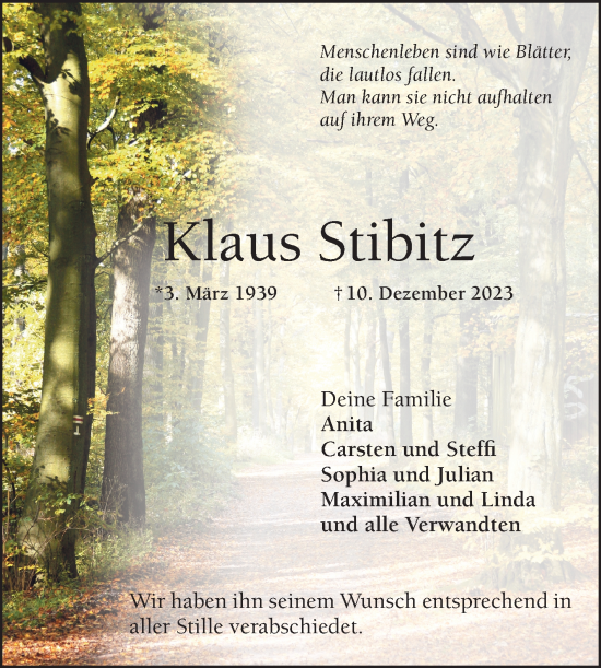 Traueranzeige von Klaus Stibitz von Schwetzinger Zeitung