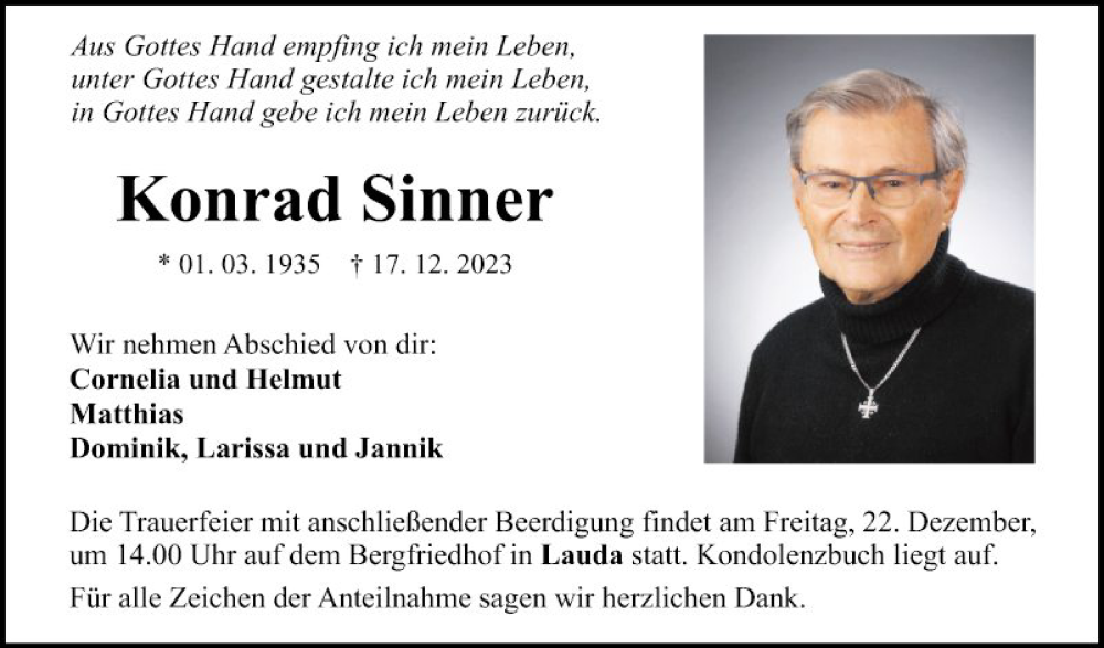  Traueranzeige für Konrad Sinner vom 21.12.2023 aus Fränkische Nachrichten