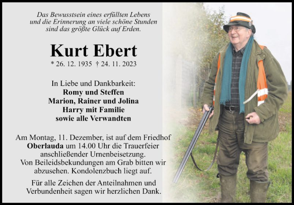  Traueranzeige für Kurt Ebert vom 05.12.2023 aus Fränkische Nachrichten