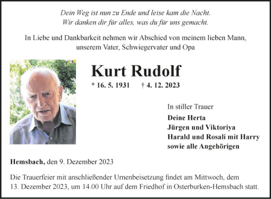 Traueranzeige von Kurt Rudolf von Fränkische Nachrichten