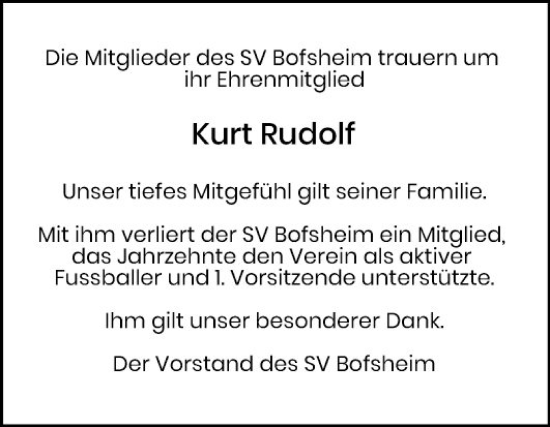 Traueranzeige von Kurt Rudolf von Fränkische Nachrichten