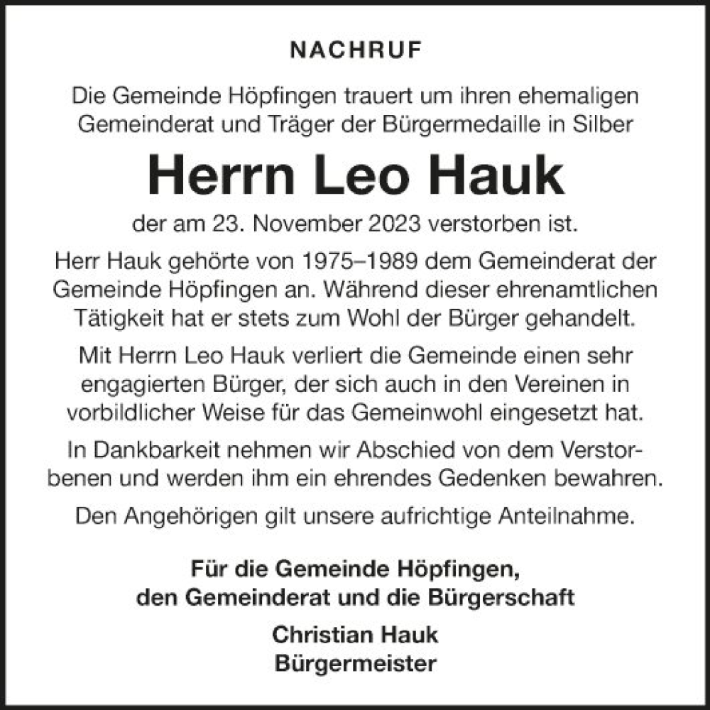  Traueranzeige für Leo Hauk vom 02.12.2023 aus Fränkische Nachrichten