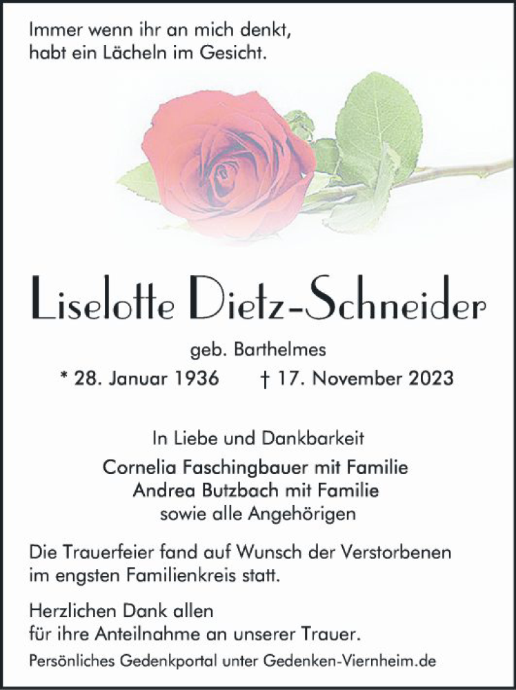  Traueranzeige für Lieselotte Dietz-Schneider vom 02.12.2023 aus Mannheimer Morgen