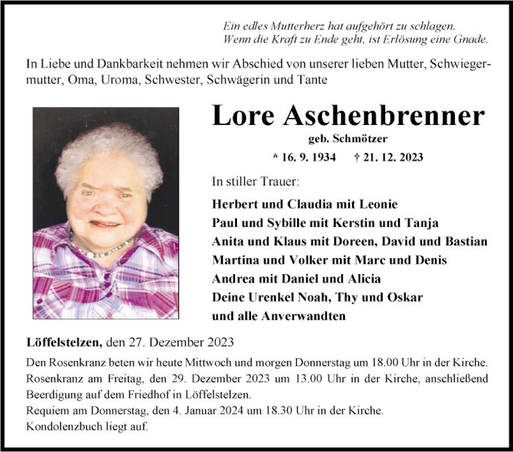  Traueranzeige für Lore Aschenbrenner vom 27.12.2023 aus Fränkische Nachrichten