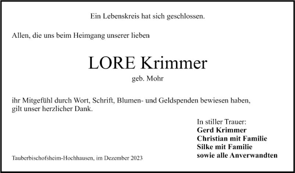  Traueranzeige für Lore Krimmer vom 02.12.2023 aus Fränkische Nachrichten