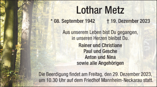 Traueranzeige von Lothar Metz von Mannheimer Morgen