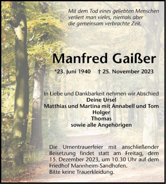 Traueranzeige von Manfred Gaißer von Mannheimer Morgen