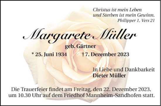 Traueranzeige von Margarete Müller von Mannheimer Morgen