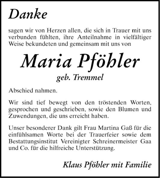 Traueranzeige von Maria Pföhler von Schwetzinger Zeitung